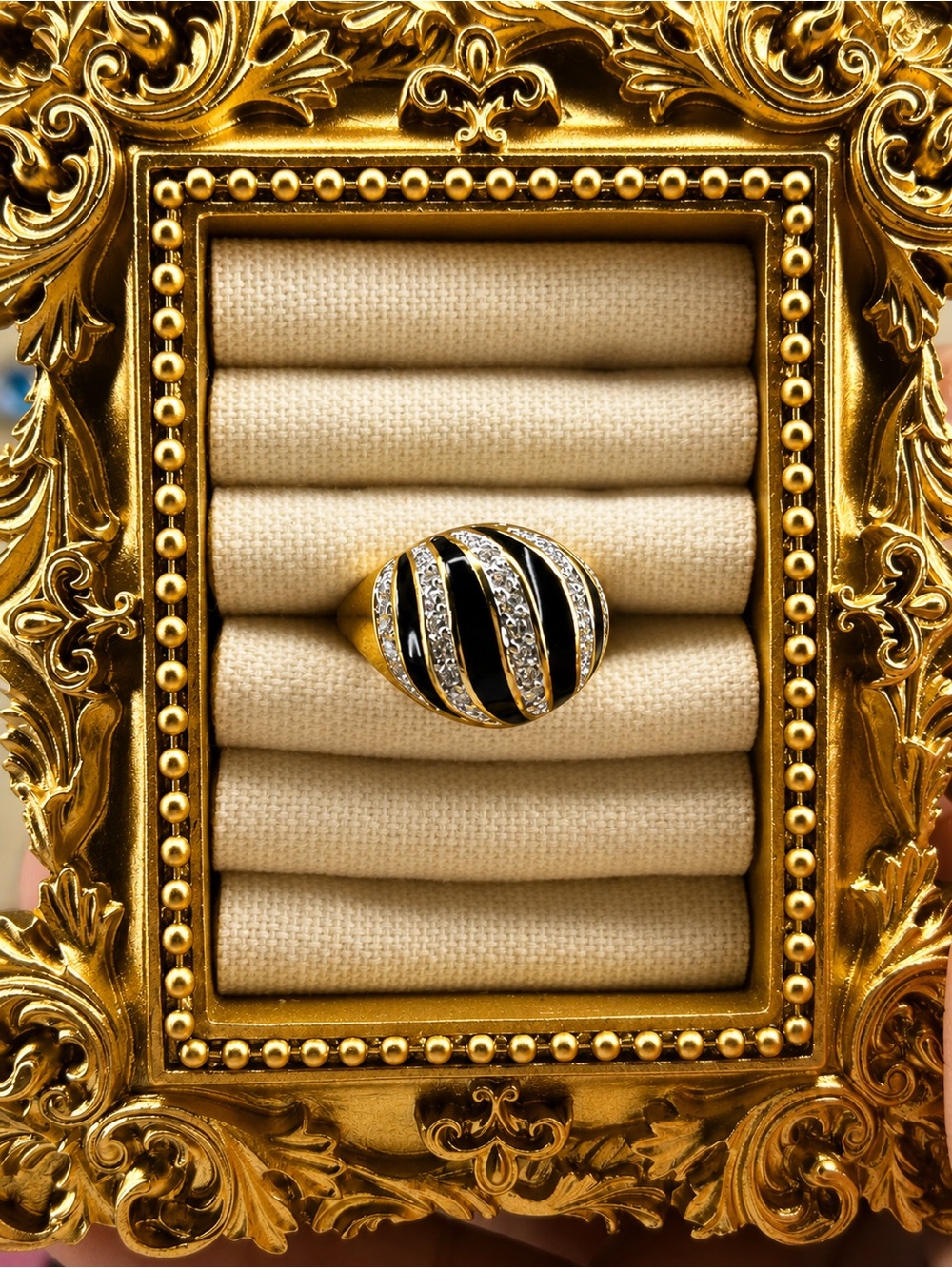 14k electroplatGold Ring with Black Enamel and Clear Stones - Women Jewelry